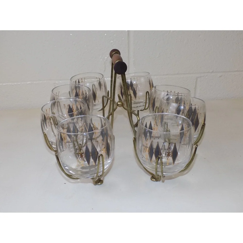Federal Glass Harlequin Roly Poly Glasses Caddy Set MCM Atomic Barware 9 Pc
